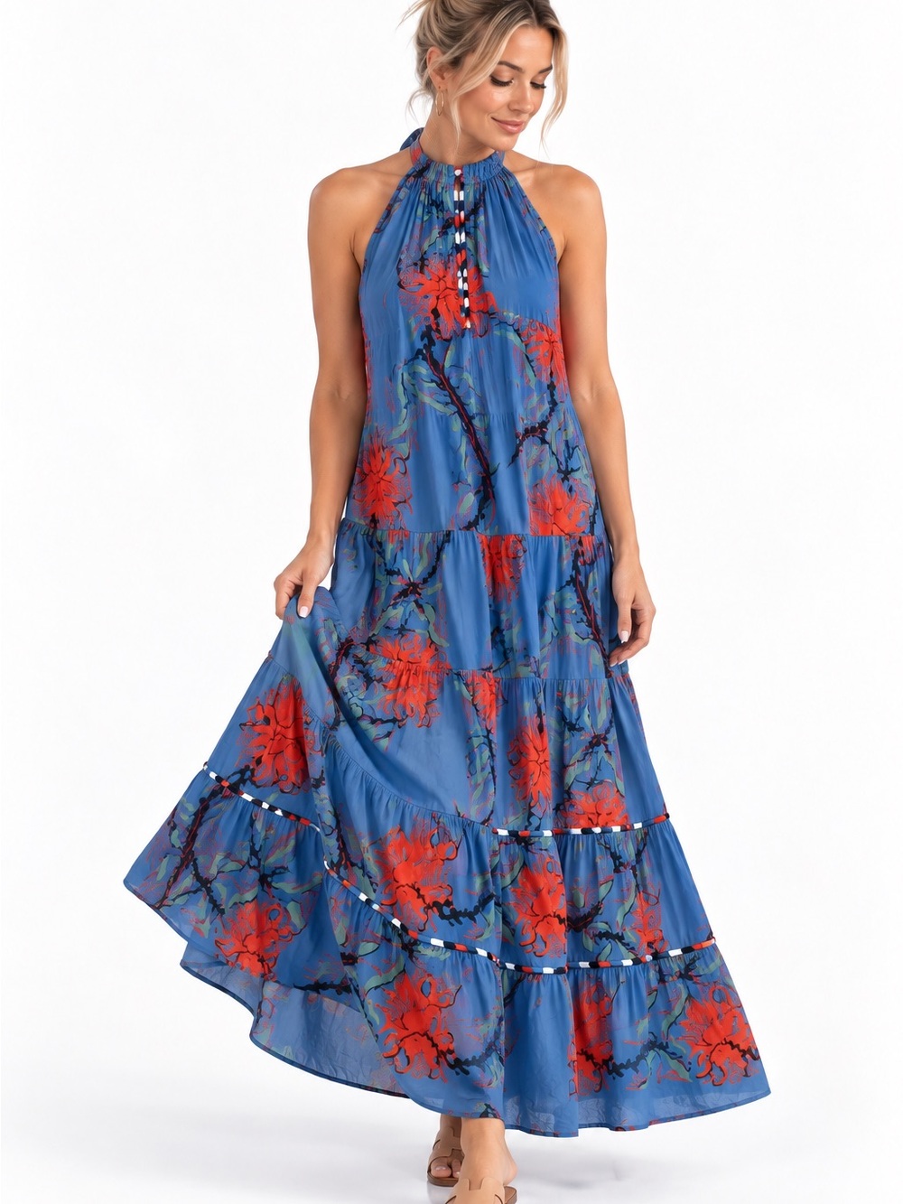 Anthropologie RO’S GARDEN Blue Floral Halter Maxi Summer dress - Medium